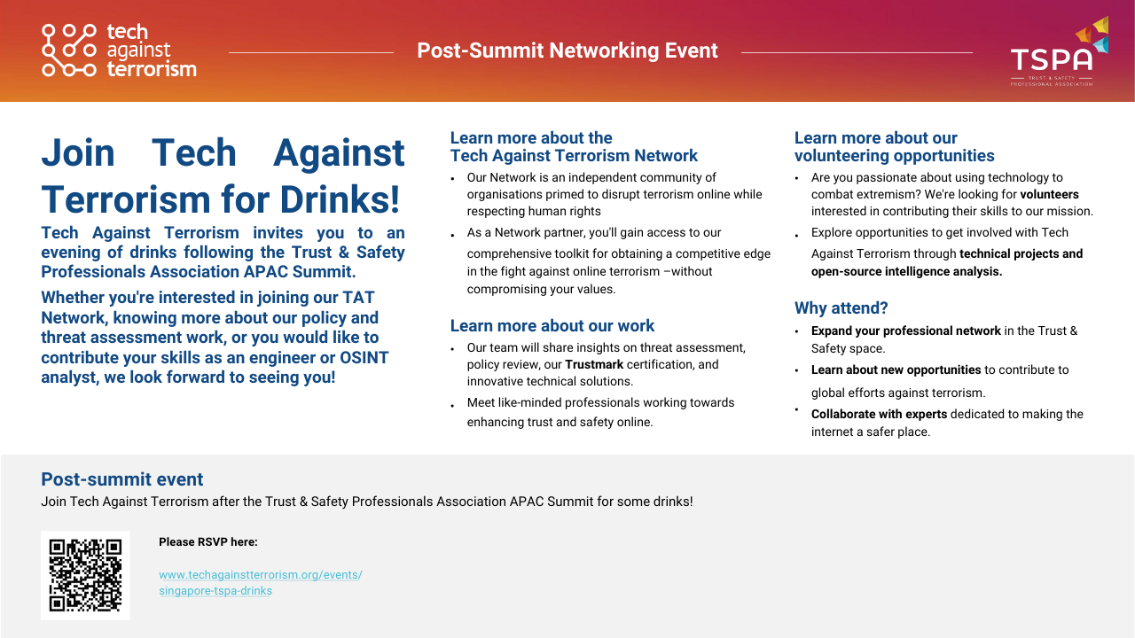 Tech Against Terrorism at TSPA APA Summit 2024: Networking drinks